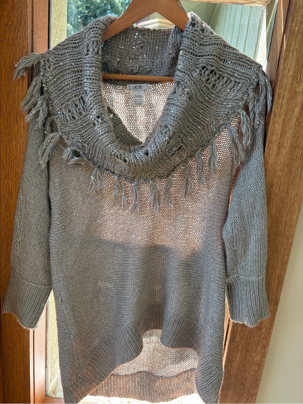 💎💎 Cache Sparkly Cowl Neck Sweater Sequins Tassels Size Large Loose Knit💎💎